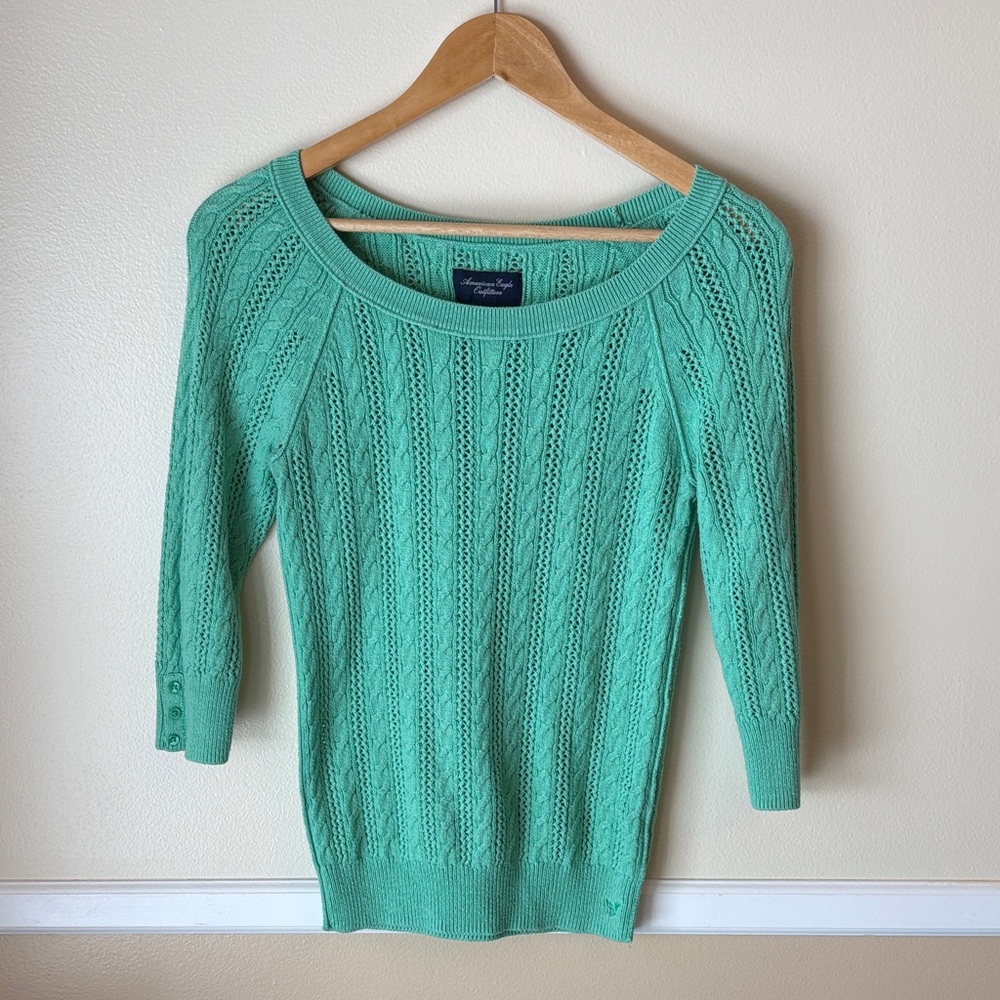 American Eagle Mint Green Cable Knit 3/4 Sleeve Scoop Neck Sweater Womens Medium